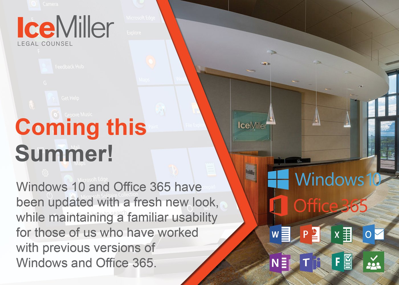 Ice Miller Windows 10 and Office 365 announcement poster