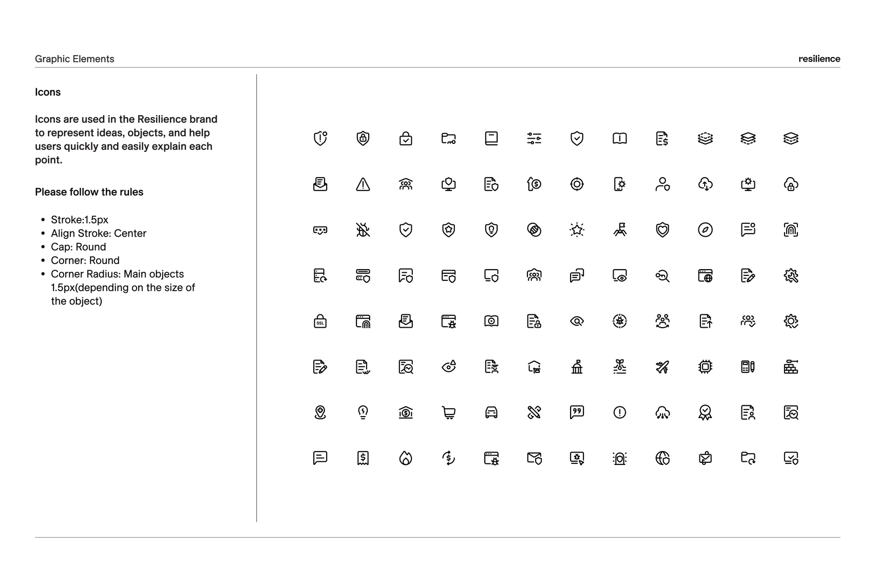 Icon guideline page 1: the icon set with creation rules — stroke, cap, corner