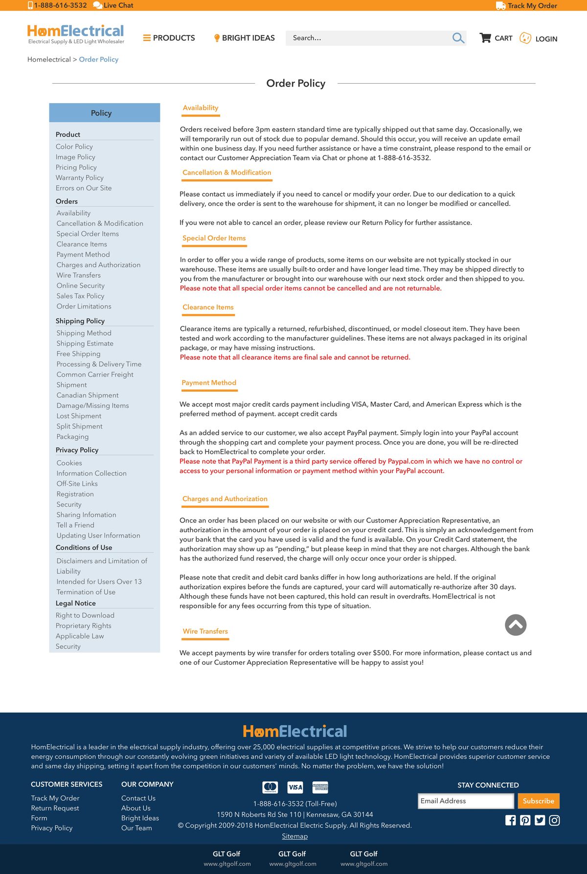 HomElectrical order policy page final design