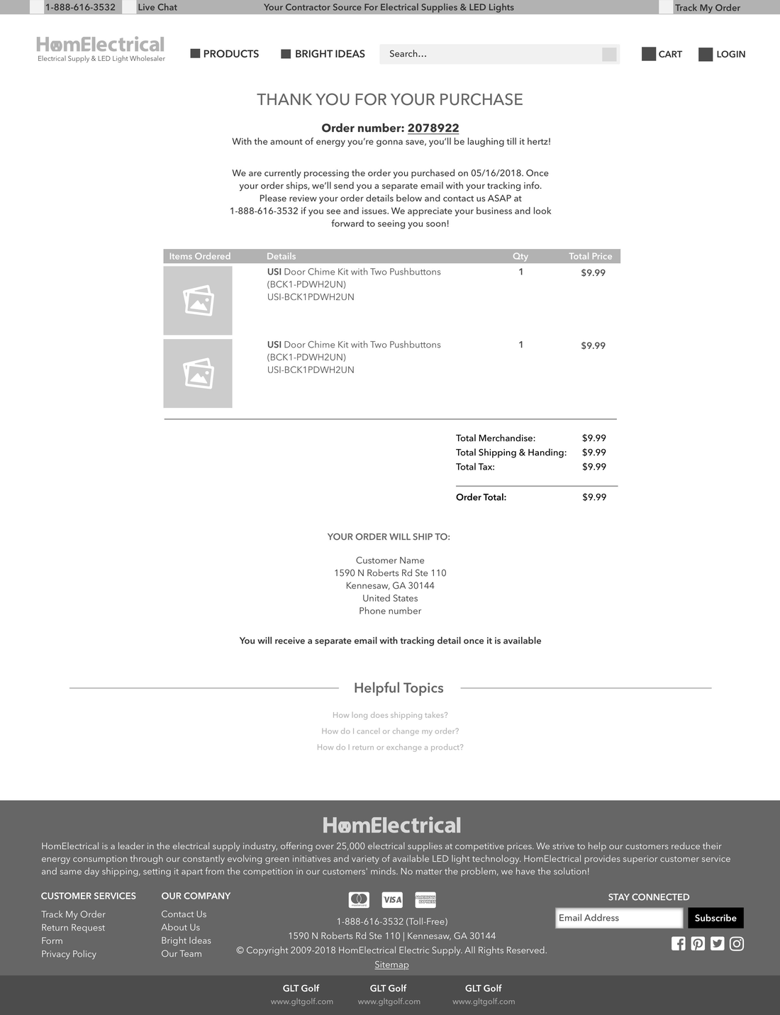 Order confirmation wireframe