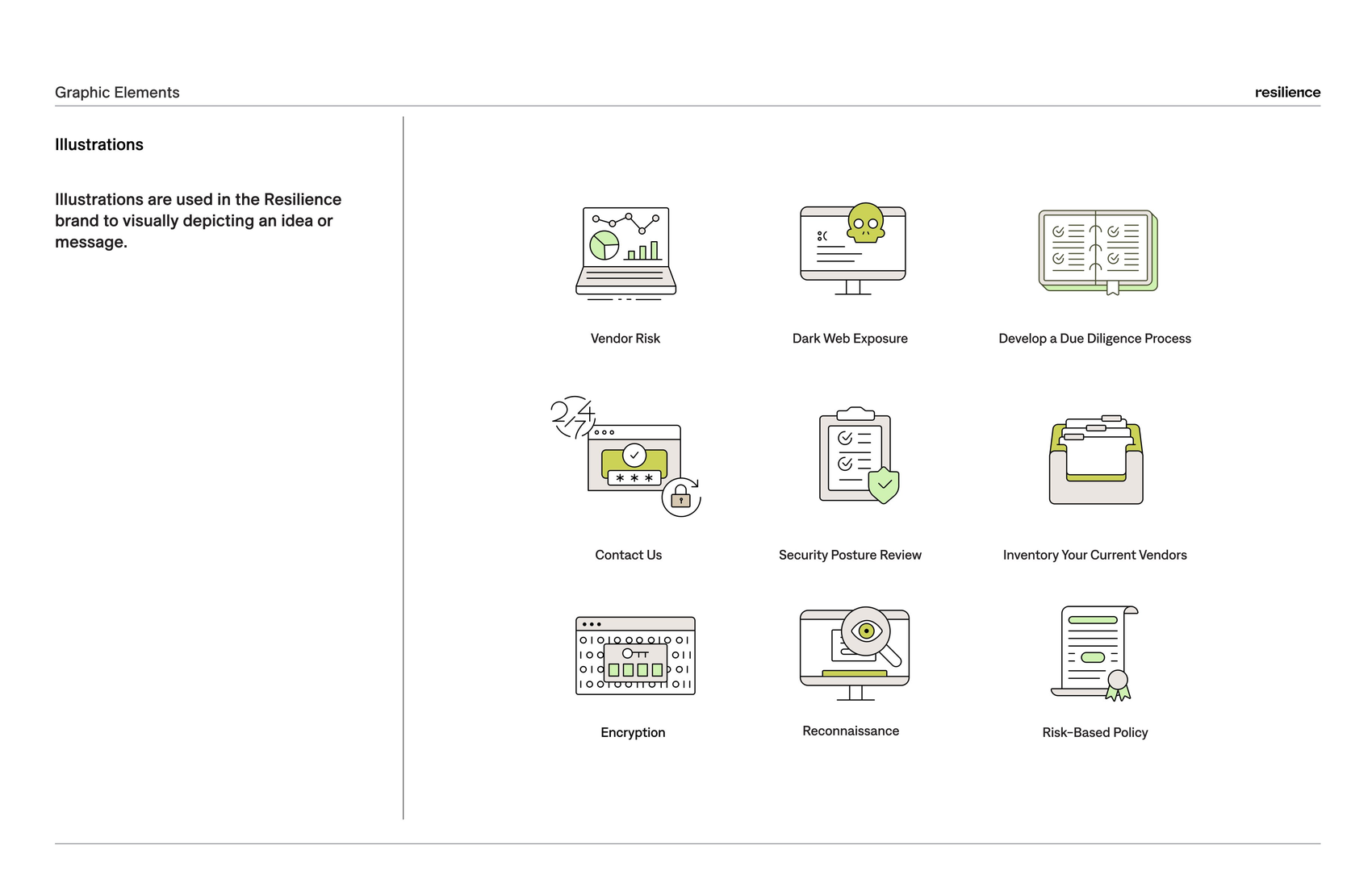 Resilience spot illustrations: Vendor Risk, Dark Web Exposure, Encryption, and more